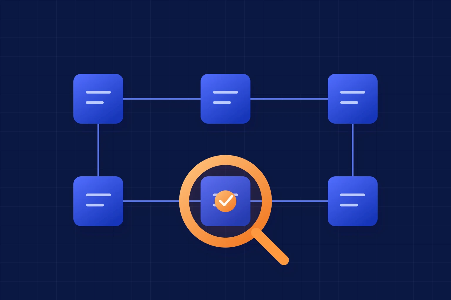 An orange inspection ring highlights one of six connected cobalt checkpoints on dark blue paper.