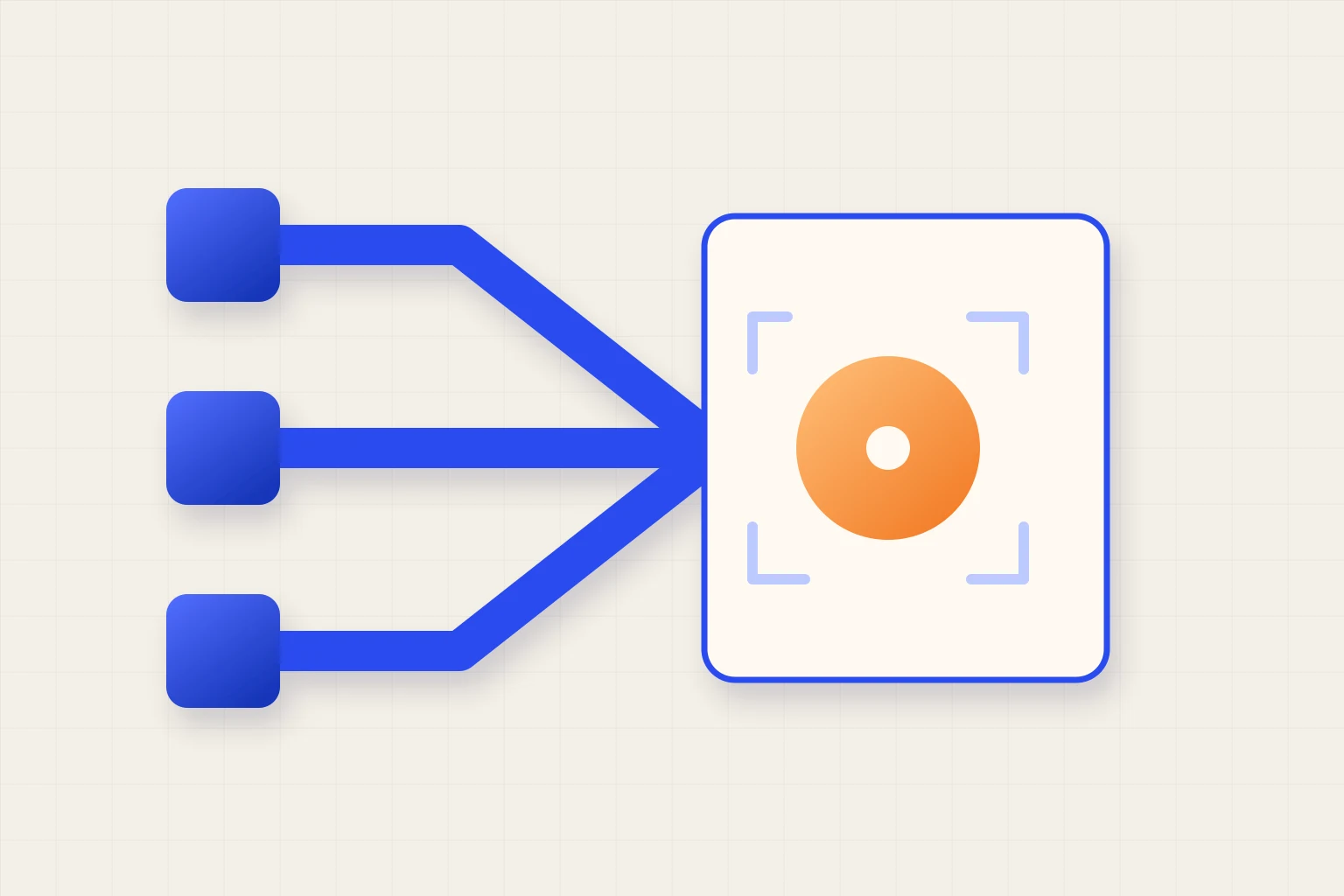Three cobalt paths converge on a single orange marker inside a focused frame.
